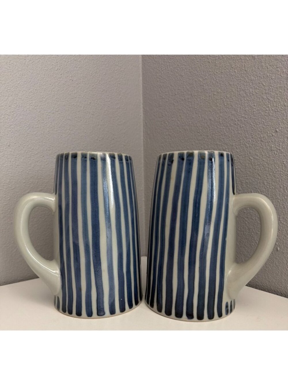 Vintage Japanese Beer Steins Handcrafted Ceramic Blue Striped Tall Mug Rare